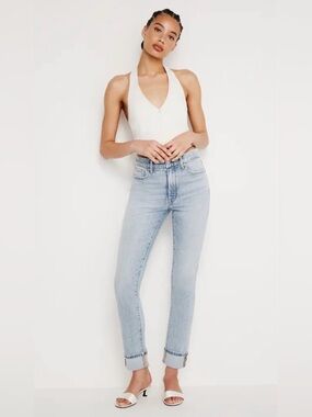 Good American Good Classic High Waist Cuff Skinny Jeans Sz 12 Light Wash Summer